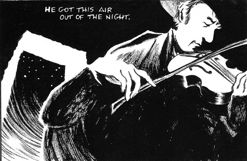 From "The Given Note" by Seamus Heaney, illustrated by Julian Peters, the pencil drawing shows Seamus Heaney playing a fiddle on dark and stormy night, and the line reads "He got this air out of the night"